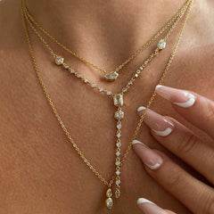 Dual Drop Solitaire Cubic Zirconia 18K Gold Anti Tarnish Necklace Pendant Chain For Women