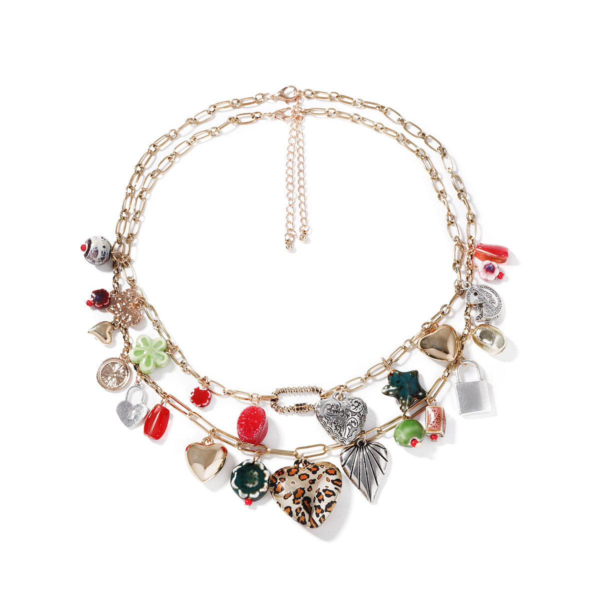 Dual Layer 18K Gold Heart Various Pieces Of Charm Necklace For Women