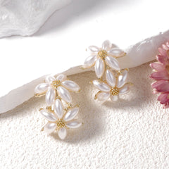 Dual Flower Pearl White 18K Gold Stud Earring For Women