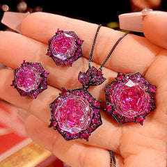 Rose Crystal Green Pink Black Pendant Earring Ring Set For Women