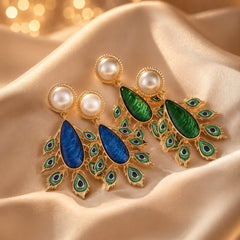 Designer Peacock Gold Plated Blue & Green Enamel Pearl Dangler Earrings