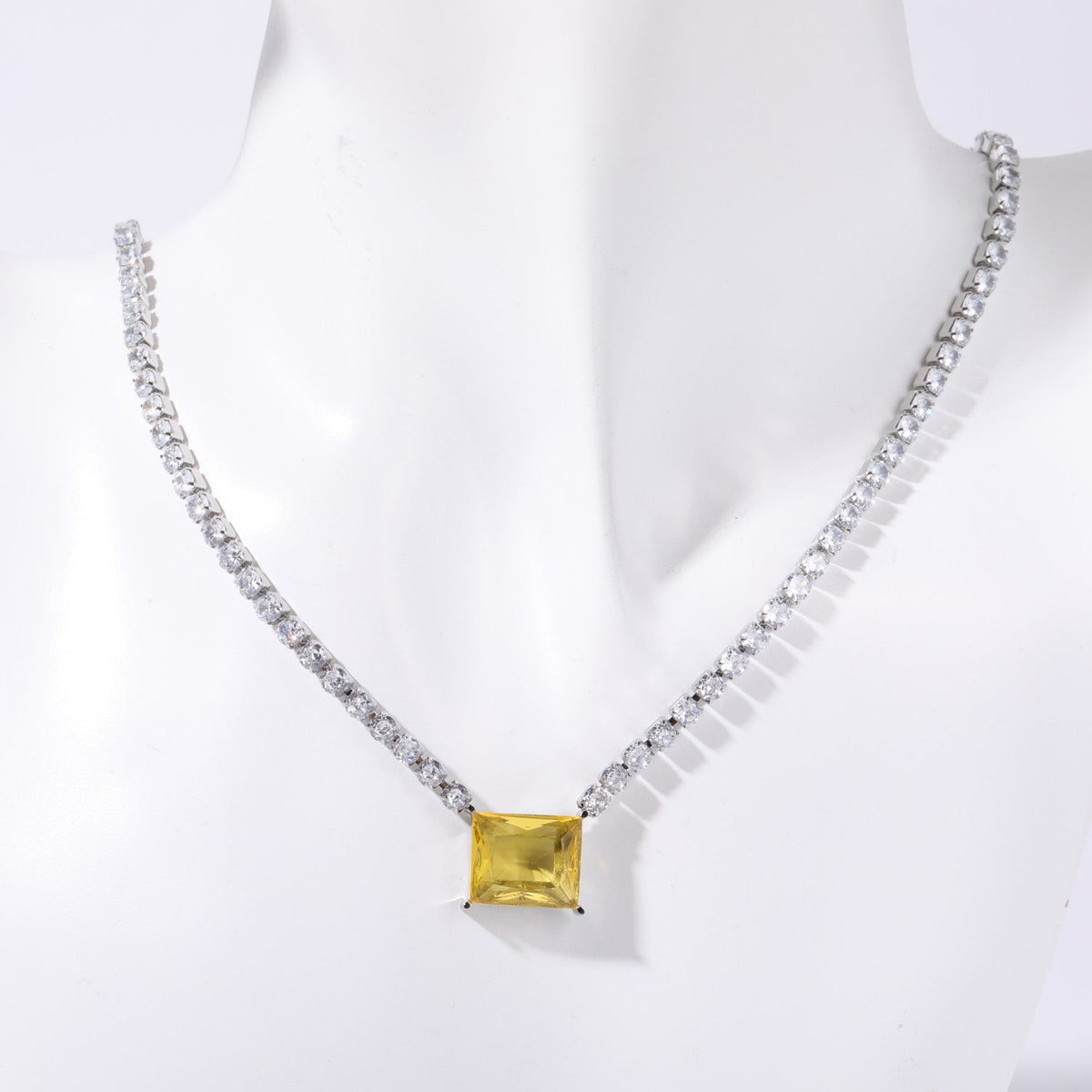 Rectangle Solitaire Silver Yellow Pink Cubic Zirconia Crystal Stainless Steel Anti Tarnish Necklace Chain For Women