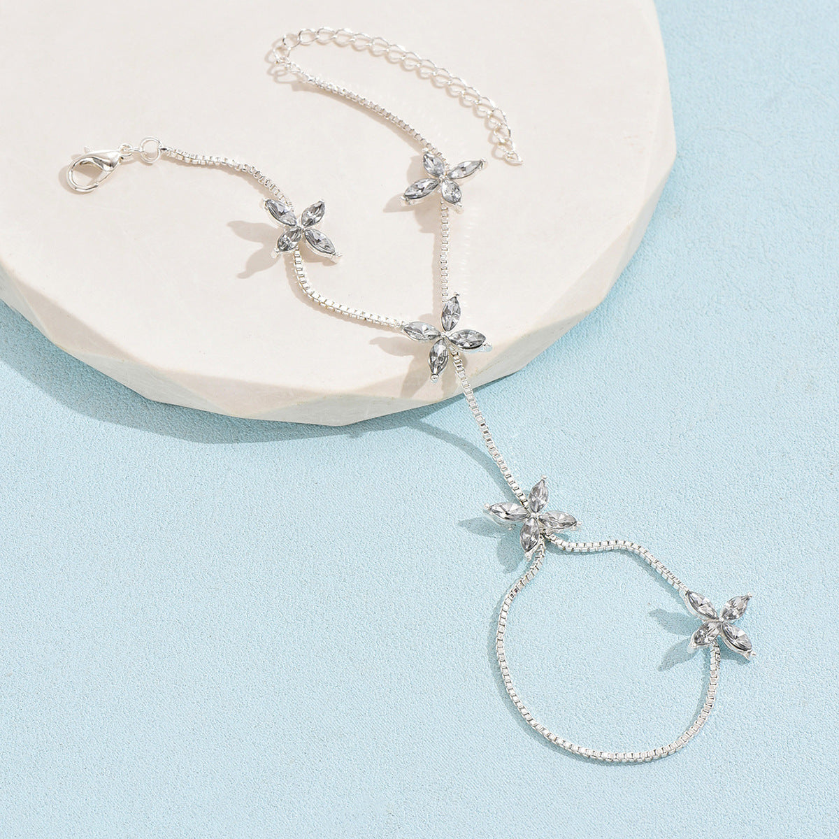 Flower Oval Solitaire Gold Silver Anti Tarnish Box Chain Bracelet Joint Ring For Women