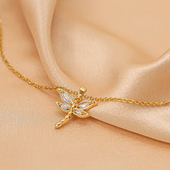 Dragonfly Cubic Zirconia 18K Gold Stainless Steel Anti Tarnish Necklace Pendant Chain For Women