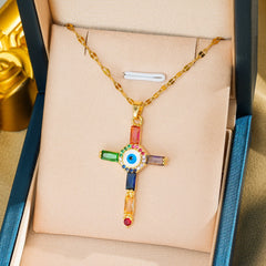 Designer Multi Color Evil Eye Cross Gold Plated CZ Copper Necklace