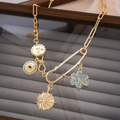 Safety Pin Flower 18K Gold CZ Anti Tarnish Charm Necklace Chain