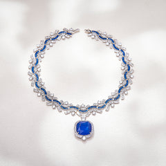 Designer Royal Blue Wave Silver Plated CZ Anti Tarnish Copper Necklace