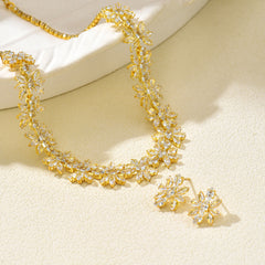 Luxury White Floral Gold CZ Anti TarnishCopper Necklace Earring Set