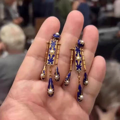 Vintage Art Deco Style Blue Enamel Gold Pearl Copper Dangler Earrings
