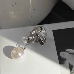Luxury Silver Sculptural Pearl Copper Right Single Ear Cuff Earrings