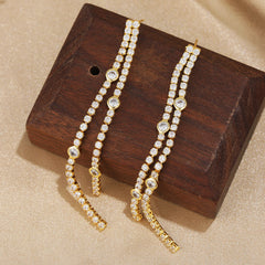 Luxury Double Line Tassel Gold Plated CZ Stainless Steel Drop Earrings
