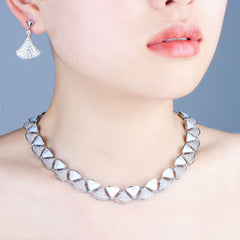 Modern Geometric White Shell Silver CZ Copper Necklace Earring Set