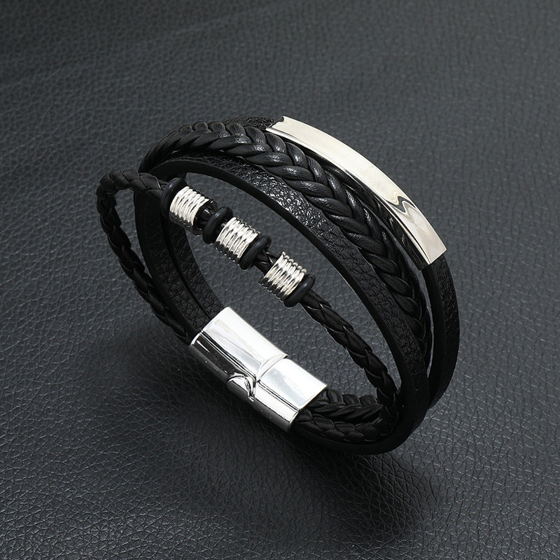 Rope Ring Black Brown Stainless Steel Multi Layer Wrist Band Id Leather Bracelet For Men
