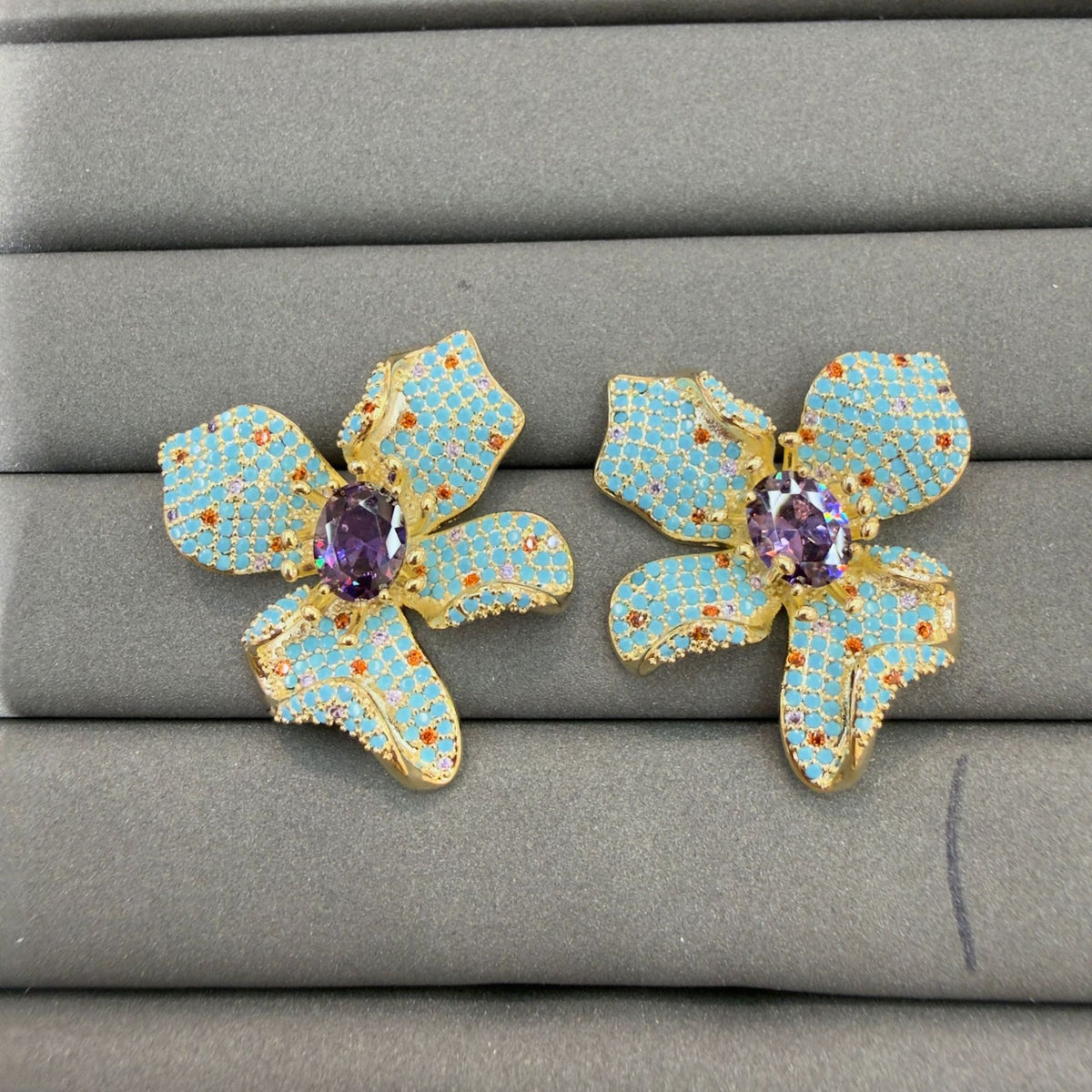 Floral Gold Plated Turquoise Purple CZ Copper Stud Earrings & Ring Set