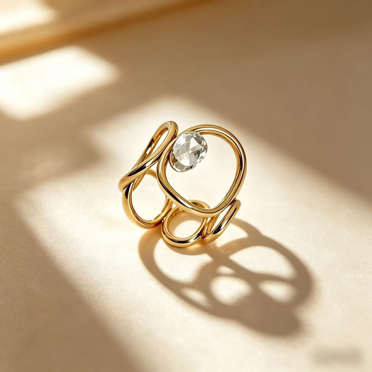 Gold Silver Geometric Loop Cubic Zirconia Copper Adjustable Ring Women