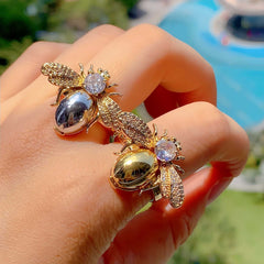Gold Silver Honey Bee Cubic Zirconia Copper Ring For Women