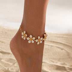 Beach White Flower Charm Gold Plated Enamel Alloy Anklets For Women