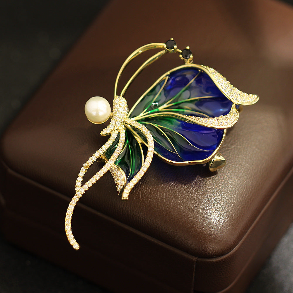 Blue & Green Floral Gold Plated White CZ Enamel Faux Pearl Copper Brooch