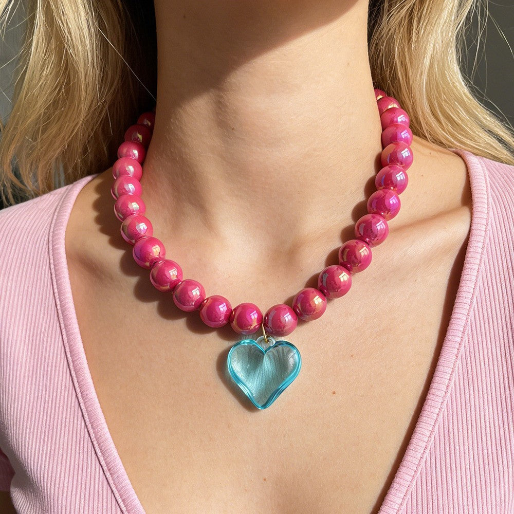 Pink Blue Heart Gold Plated Beads Resin Necklace For Women