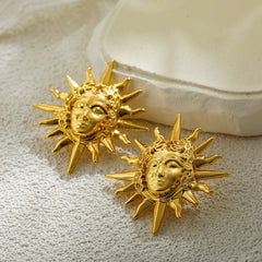 Vintage Sun Face Gold Plated Anti Tarnish Stainless Steel Stud Earrings