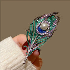 White & Multi Color Peacock Feather Gold CZ Copper Brooch For Women