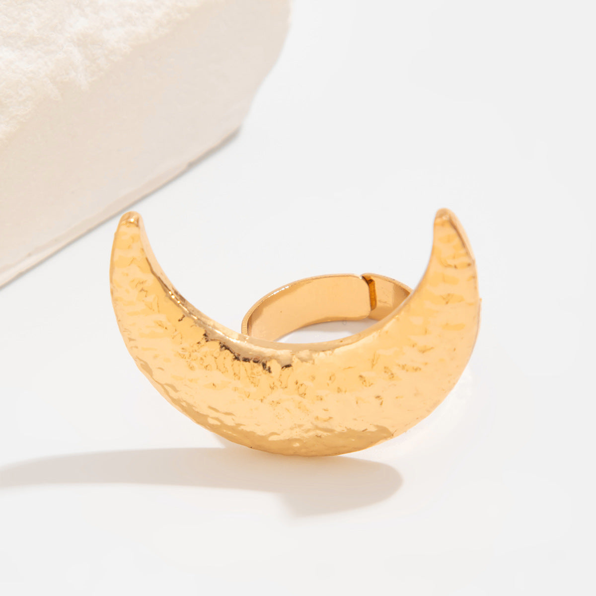 Beaten Finish Crescent Moon 18K Gold Free Size Ring For Women