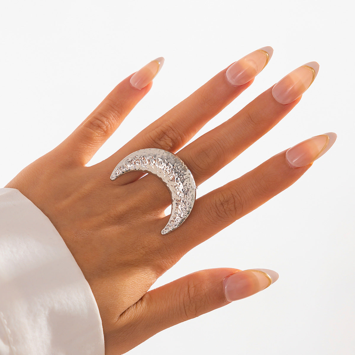 Beaten Finish Crescent Moon 18K Gold Free Size Ring For Women