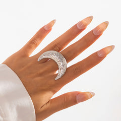 Beaten Finish Crescent Moon 18K Gold Free Size Ring For Women