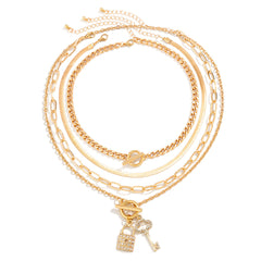 Key Lock 18K Gold Cubic Zirconia Curb Snake Chain Layer Necklace For Women
