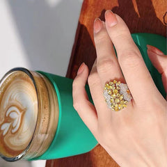 Yellow Flower Cluster Silver Cubic Zirconia Copper Adjustable Ring Women