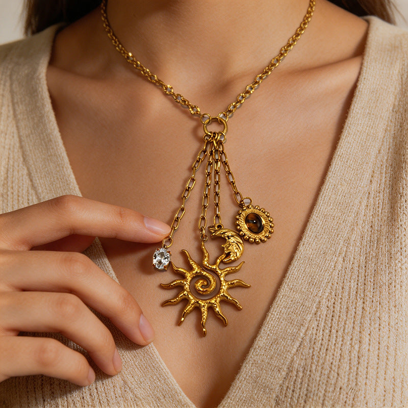Elegant Sun & Moon Gold Plated Layered CZ Anti Tarnish Copper Necklace