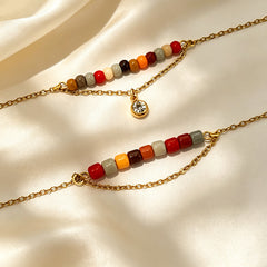Multi Color Layered Gemstone Beads Gold CZ Anti Tarnish Copper Necklace