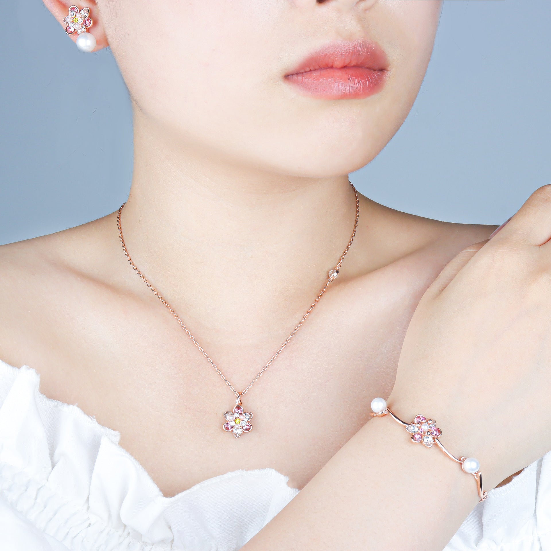 Flower Elegant Daisy Rose Gold Plated CZ Copper Necklace Combo Set