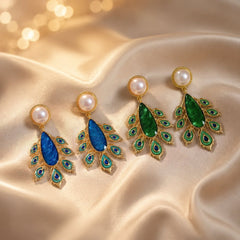 Designer Peacock Gold Plated Blue & Green Enamel Pearl Dangler Earrings
