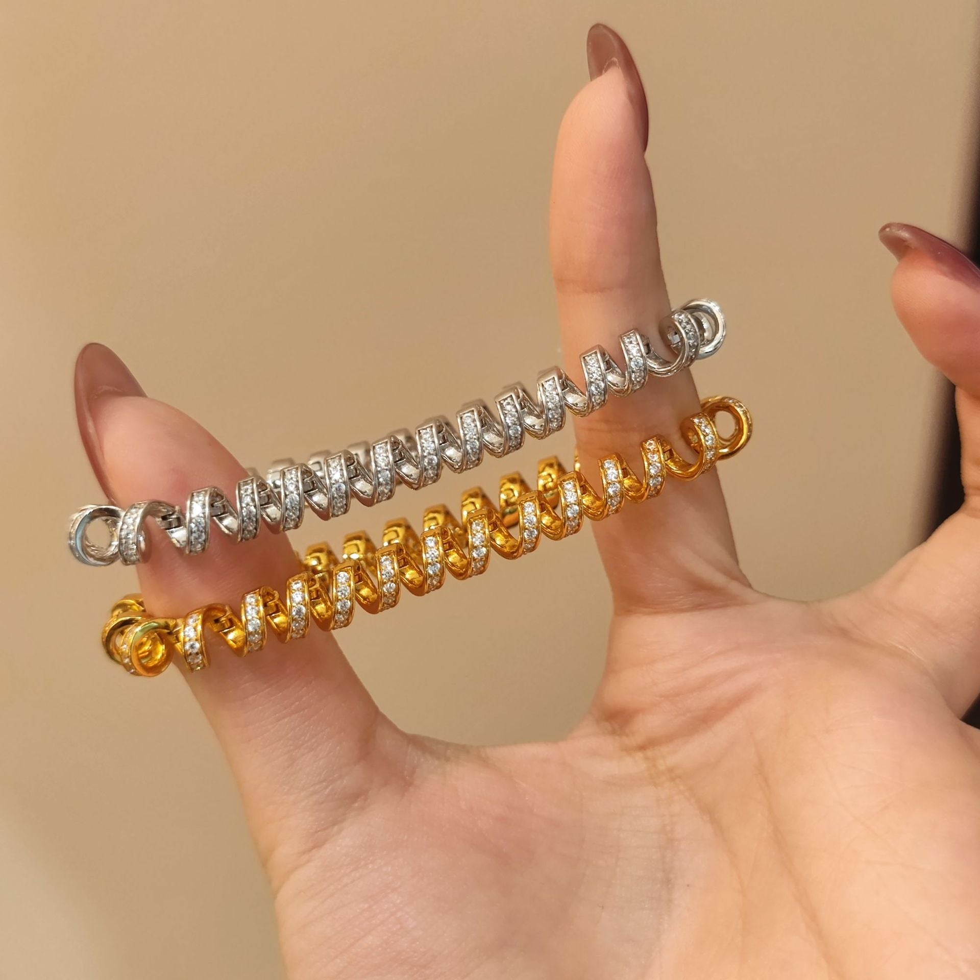 Designer Helix Spiral Gold Silver Plated CZ Anti Tarnish Brass Bracelet