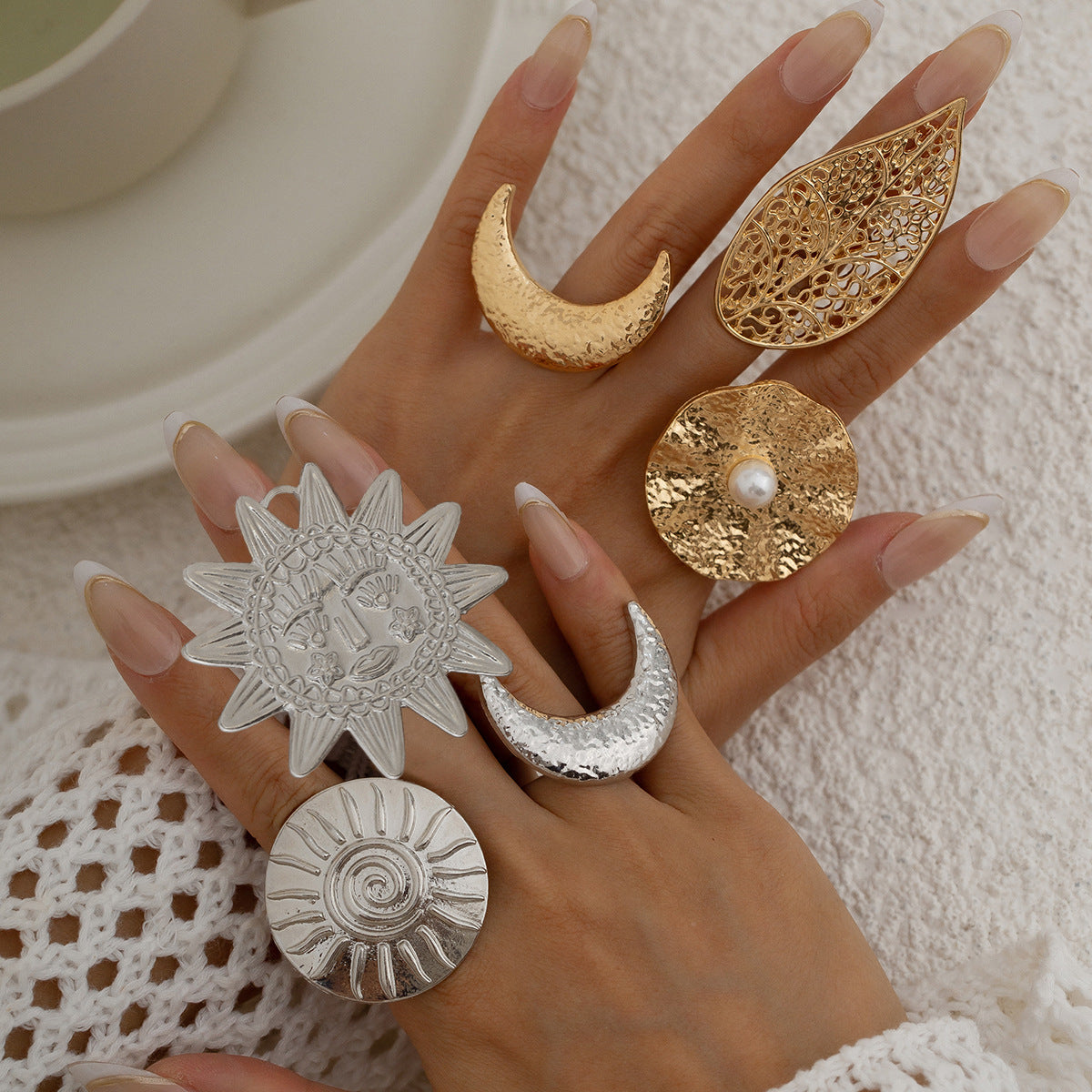 Beaten Finish Crescent Moon 18K Gold Free Size Ring For Women