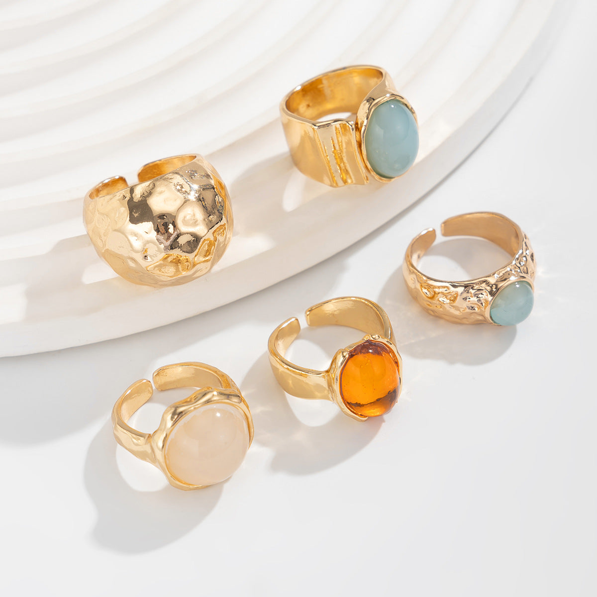 Beaten Finish Green Orange Gemstone 18K Gold Free Size Ring Combo Pack Of 5 For Women