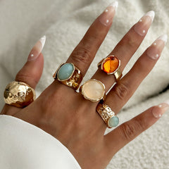 Beaten Finish Green Orange Gemstone 18K Gold Free Size Ring Combo Pack Of 5 For Women