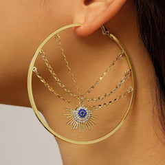 Designer Evil Eye Sunburst Gold Plated CZ Chain Copper Hoop Earrings