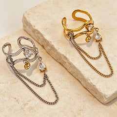 Dual Tone Gold Silver CZ Crystal Chain Stainless Steel Cocktail Ring