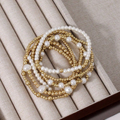 Multi Layer Gold Plated White Pearl Beads Copper Bracelet For Women