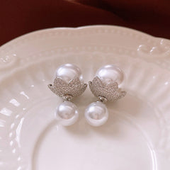 Flower Cubic Zirconia Pearl 18K Gold Silver White Anti Tarnish Stud Earring For Women