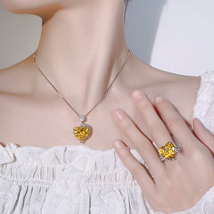 Heart Silver Yellow Pink Cubic Zirconia Anti tarnish Pendant chain Ring Set For Women