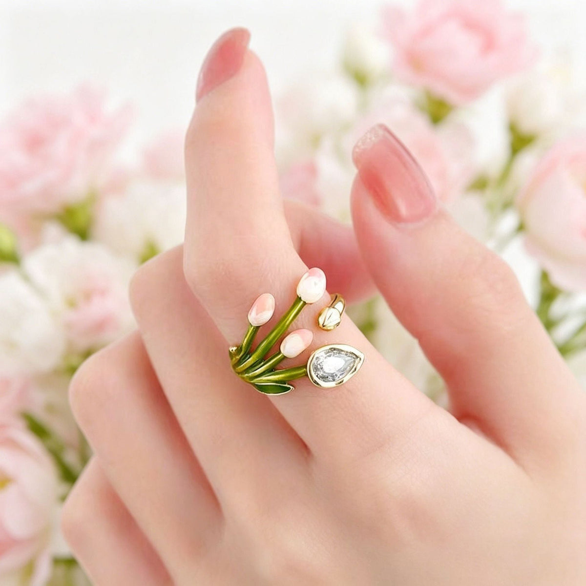 Pink Green Tulip Flower Gold Copper Anti Tarnish Adjustable Ring For Women