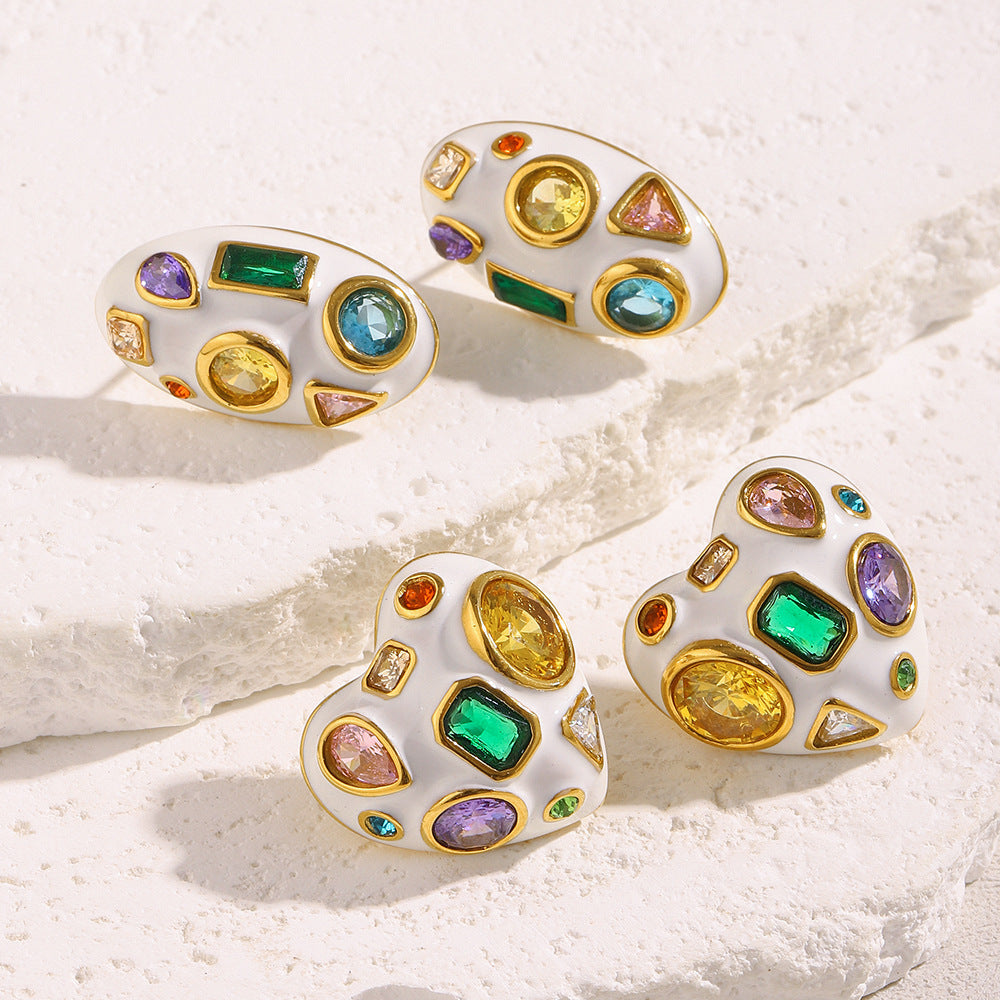 Heart Oval 18K Gold Cubic Zirconia Enamel Stainless Steel Stud Earring Pair Women