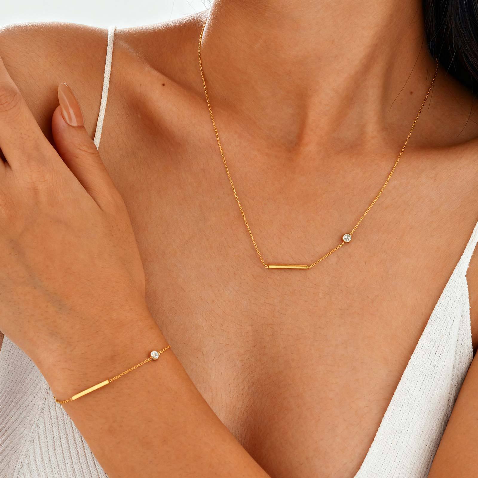 Gold Minimal Bar Plain Stainless Steel Bracelet Pendant Chain Combo 