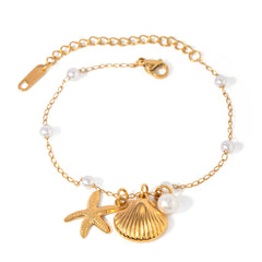 Shells Starfish Pearl 18K Gold Stainless Steel Link Chain Bracelet For Women