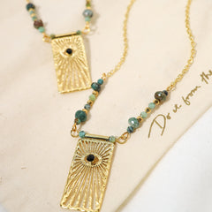 Designer Green Beads Gold Plated Sunburst Stainless Steel Necklace