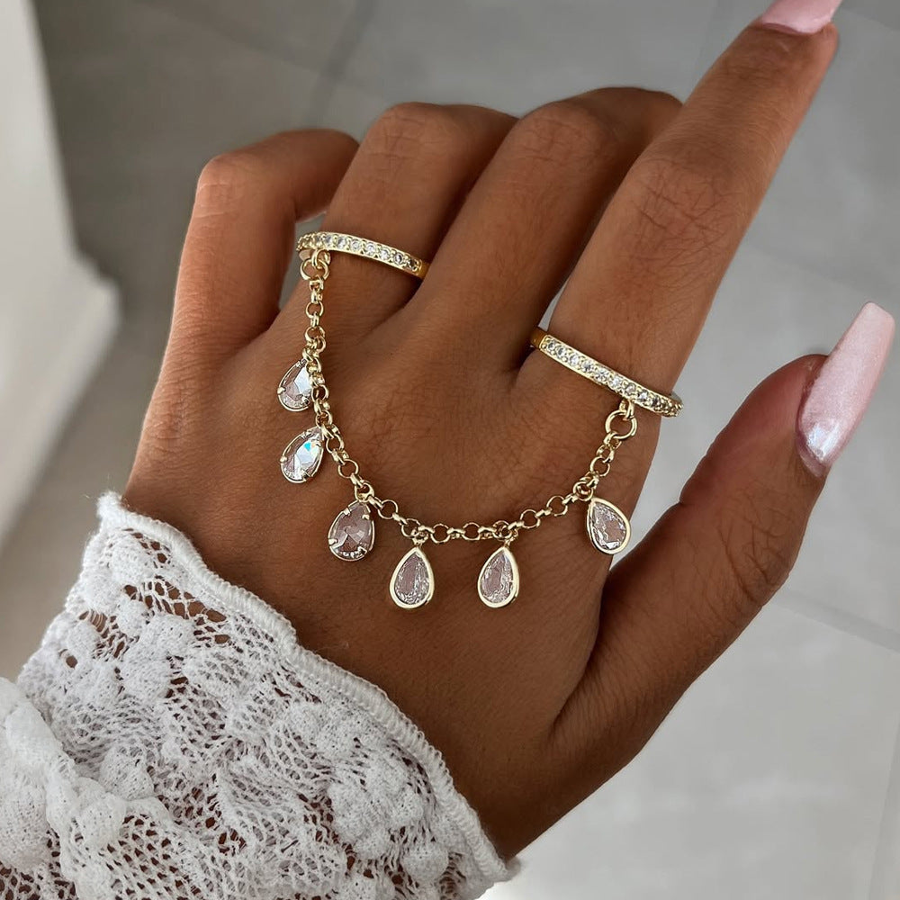 Teardrop Dangle Chain Gold Plated White CZ Crystal Multi Finger Ring