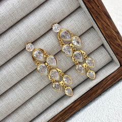 Drop Solitaire 18K Gold Silver Cubic Zirconia Anti Tarnish Dangler Earring For Women